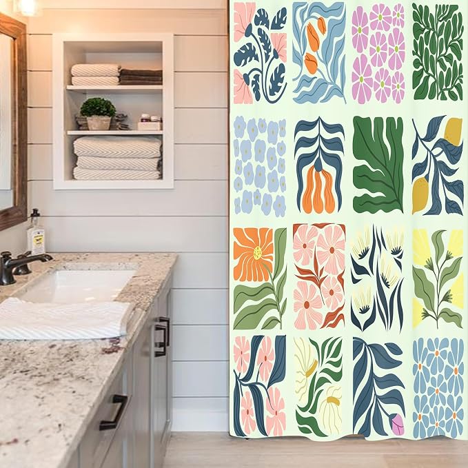 JAWO Retro Shower Curtain Vintage Abstract Boho Floral Shower Curtains for Bathroom Decor Green Teal Botanical Geometric Groovy Aesthetic Pattern Shower Curtain Sets with Hooks, 47X64IN