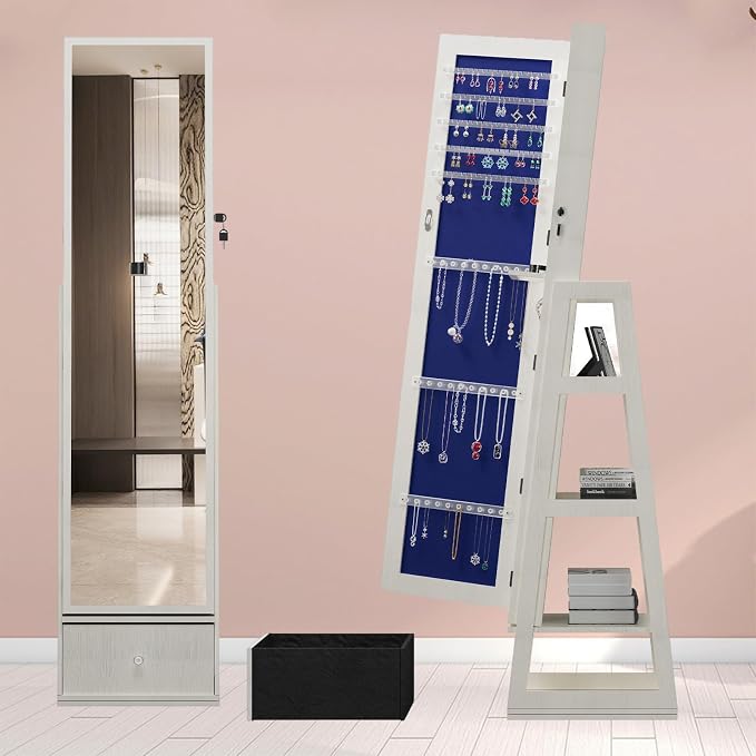 Jewelry Armoire with Full Length Mirror - 360° Swivel Standing Floor Mirror Jewelry Cabinet, Lockable Storage Organizer, 3 Shelves & Drawers,Tall Mirror with Storage for Women (White)
