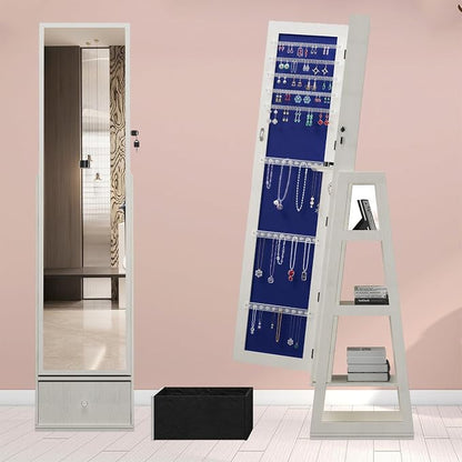 Jewelry Armoire with Full Length Mirror - 360° Swivel Standing Floor Mirror Jewelry Cabinet, Lockable Storage Organizer, 3 Shelves & Drawers,Tall Mirror with Storage for Women (White)