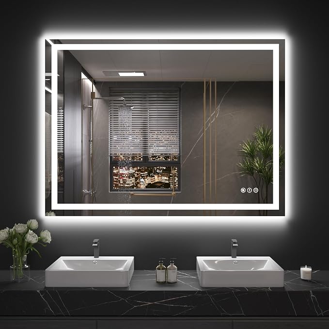 Snowdool 48 x 32 in LED Bathroom Mirror, Front and Backlit, Anti-Fog | Front and Backlit, 3 Color Temperatures, Anti-Fog, Tempered Glass