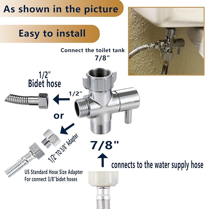 Bidet T Adapter, Brass T Adapter with Shut-off Valve, 3-way Tee Connector 7/8" x 7/8" x G1/2, Leak-Free Chrome Metal T Valve Adapter for Toilet Bidet Sprayer…