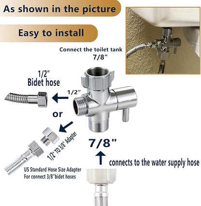 Bidet T Adapter, Brass T Adapter with Shut-off Valve, 3-way Tee Connector 7/8" x 7/8" x G1/2, Leak-Free Chrome Metal T Valve Adapter for Toilet Bidet Sprayer…