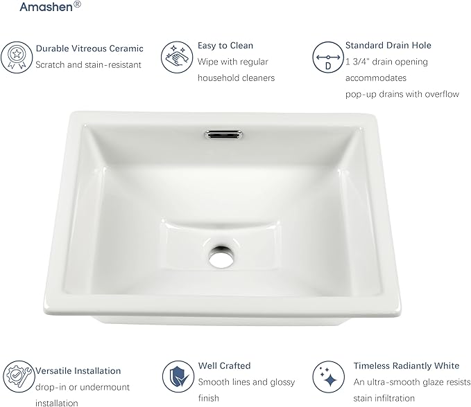 20.5" x 14.4" Self-rimming Bathroom Sink Undermount or Drop-in Ceramic Vanity Basin with Overflow (OB-15)