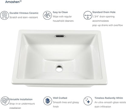 20.5" x 14.4" Self-rimming Bathroom Sink Undermount or Drop-in Ceramic Vanity Basin with Overflow (OB-15)