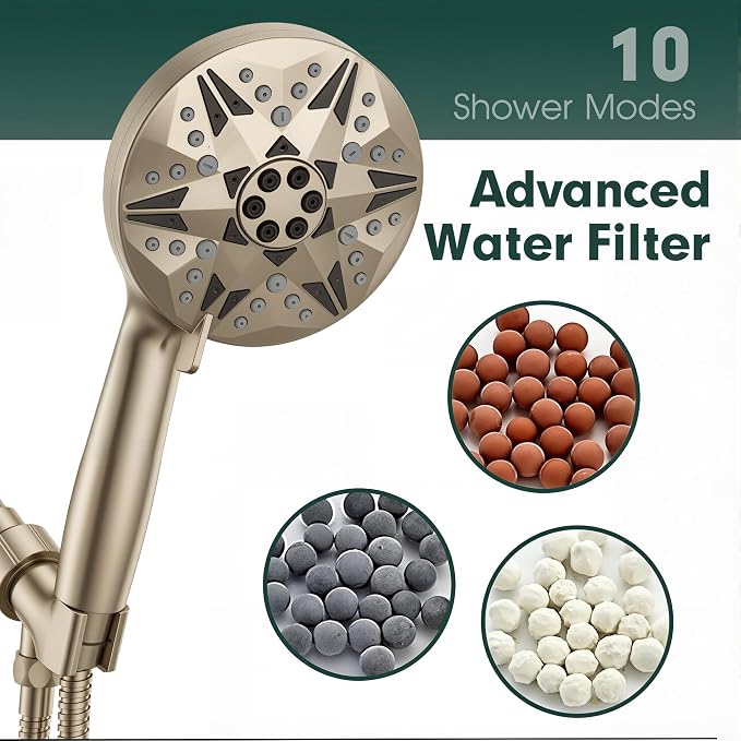 Filtered Brushed Nickel High Pressure Handheld Shower Head – 10 Spray Modes with Rain & Massage, Built-in Filter for Cleaner Water, Anti-Clog Nozzles, Power Rinse for Tile & Pets