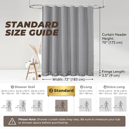 Linen Shower Curtain Boho Grey Shower Curtain with Tassels 72"W x 72"L | Thick linen-poly blend, soft textured drape, handcrafted fringe, neutral rustic farmhouse bathroom decor
