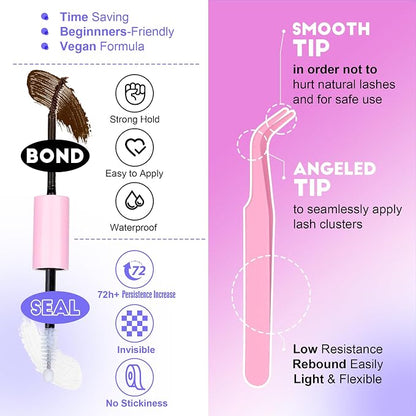 Lash Extension Kit DIY 280pcs Brown Lash Clusters Eyelash Extension Kit 40D 9-16mm Individual Lashes Kit with Lash Bond and Seal Lash Tweezers for Self Use (Brown 40D, 9-16mm, Kit)