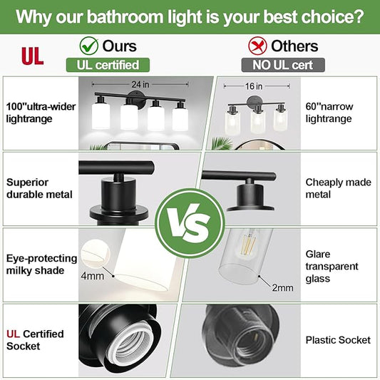4-Light Bathroom Light Fixtures, Black Modern Vanity Lights with Milky White Frosted Glass Shades, Bathroom Wall Lamp for Mirror Kitchen Living Room