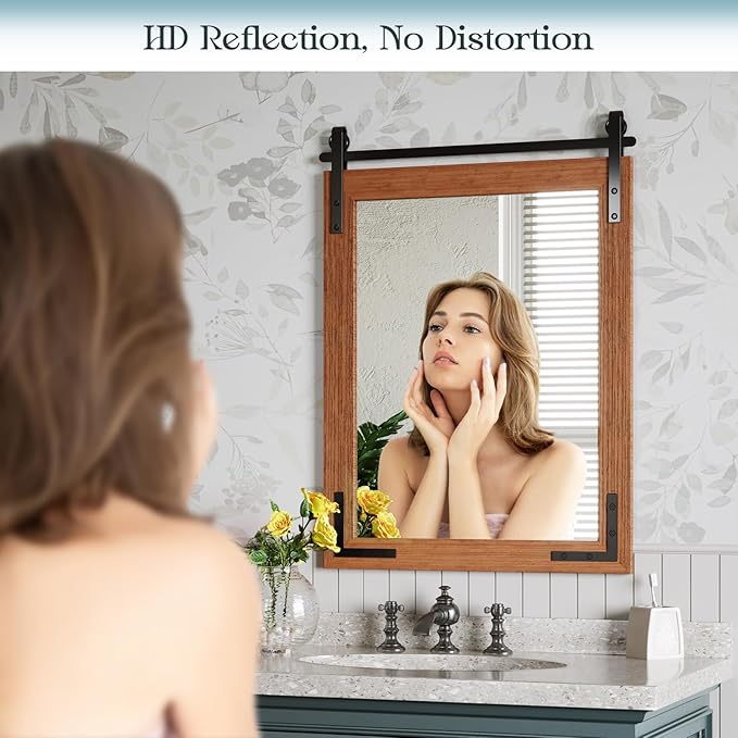Farmhouse Bathroom Mirror, 24"x36" Brown Farmhouse Mirror with Rustic Wood Framed, Barn Door Vanity Mirrors for Wall, Vintage Decorative Mirrors for Entryway,Living Room,Bedroom