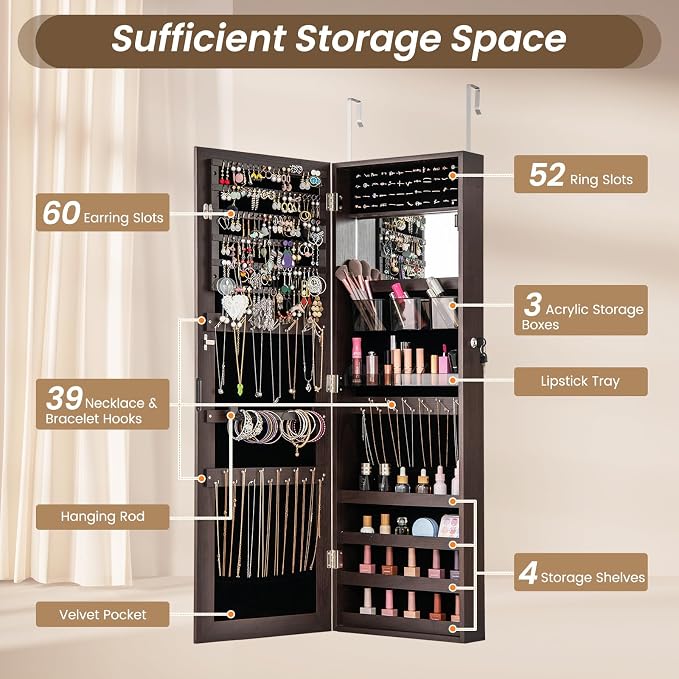 CHARMAID Jewelry Cabinet Wall or Door Mounted, Hanging Lockable Jewelry Armoire Storage With Full Length Mirror, Interior Makeup Mirror, Over the Door Organizer Box (Dark Brown)