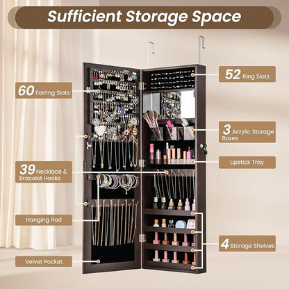 CHARMAID Jewelry Cabinet Wall or Door Mounted, Hanging Lockable Jewelry Armoire Storage With Full Length Mirror, Interior Makeup Mirror, Over the Door Organizer Box (Dark Brown)