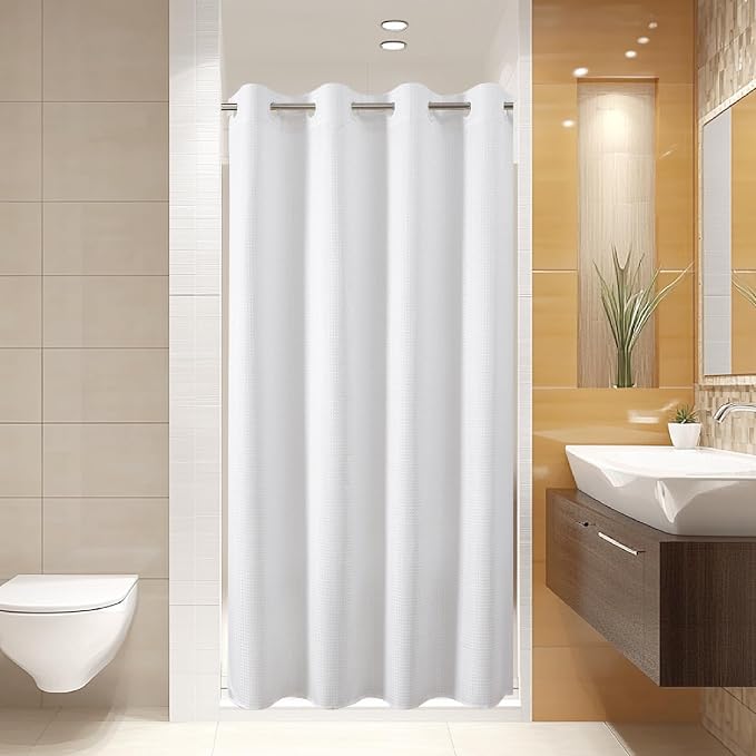 eachope No Hook Waffle Shower Curtain, No Liner Needed, 54x80 Inch, White | 100% waterproof TPU-laminated backing, magnetic weighted hem, machine washable, for bathroom, hotel, or shower stall use