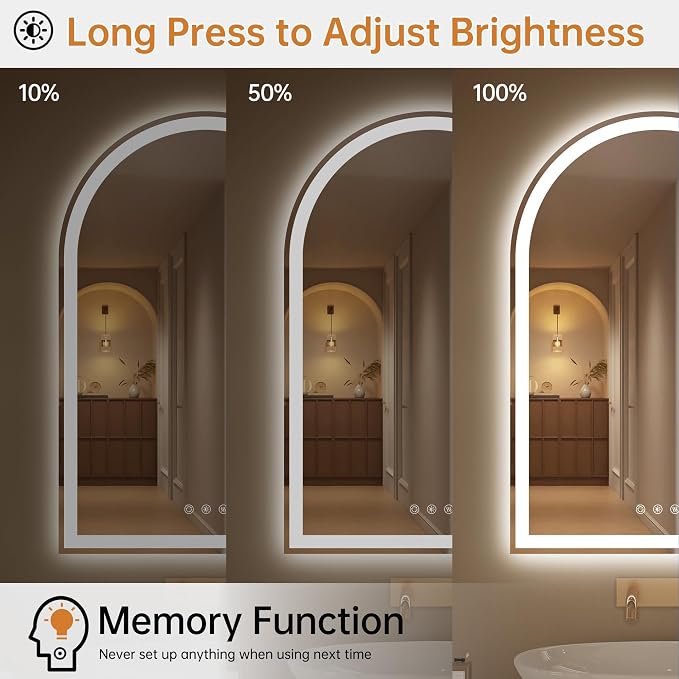24"x36" Arched LED Lighted Bathroom Mirror with Lights | Fogless, Dimmable, Shatterproof, Touch Sensor, 3 Color Changing