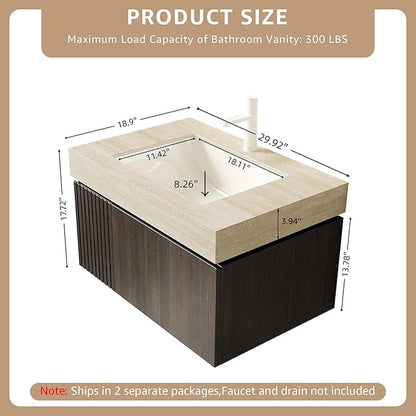 30” Floating Bathroom Vanity with Sink, Wall-Mounted Cabinet with Drawer & Doors, Roma Travertine-Pattern Countertop, Undermount Basin, Single Faucet Hole, Soft-Close, Pre-Assembled, Dark Oak