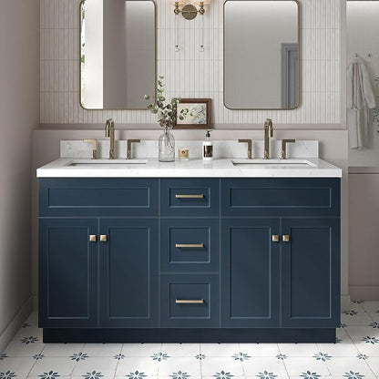 ARIEL Hamlet 60-inch Bathroom Vanity with Sink,Solid Wood, 1.5-inch Carrara White Quartz Countertop, Double Rectangular Porcelain Sink, 4 Soft Closing Doors, 3 Dovetail Drawers, Midnight Blue