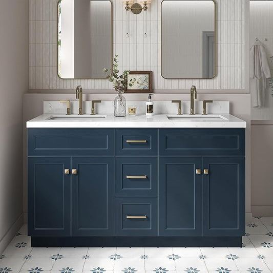 ARIEL Hamlet 60-inch Bathroom Vanity with Sink,Solid Wood, 1.5-inch Carrara White Quartz Countertop, Double Rectangular Porcelain Sink, 4 Soft Closing Doors, 3 Dovetail Drawers, Midnight Blue