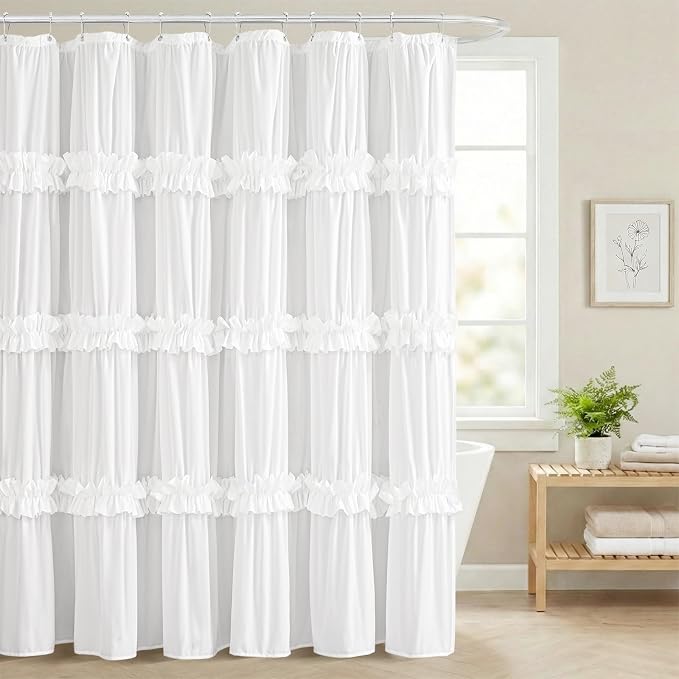 LIPA Boho Rustic White Ruffle Shower Curtain 72x78 Inches | Farmhouse Shower Curtains for Bathroom,Water‑Resistant Fabric Shower Curtain,Bohemian Bathroom Decor