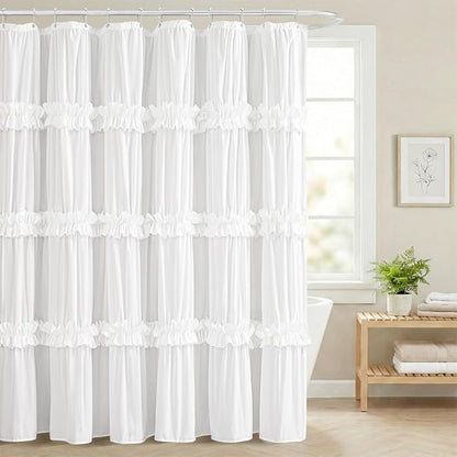 LIPA Boho Rustic White Ruffle Shower Curtain 72x84 Inches | Farmhouse Shower Curtains for Bathroom,Water‑Resistant Fabric Shower Curtain,Bohemian Bathroom Decor