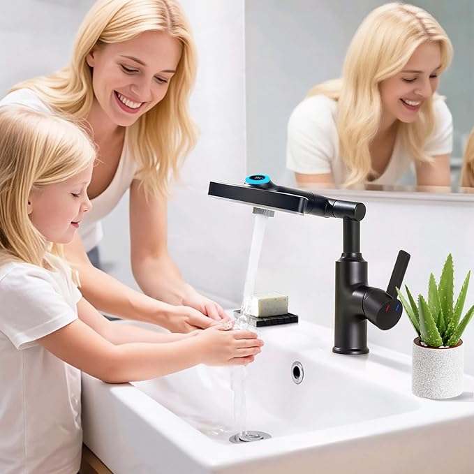 Black Rotatable Rain Faucet, Single Hole 360° Rotatable Bathroom Faucet, Single Handle Modern Bathroom Sink Faucet with LED Temperature Display(No Batteries) in Fahrenheit, 3 Water Modes
