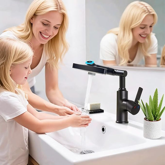 Black Rotatable Rain Faucet, Single Hole 360° Rotatable Bathroom Faucet, Single Handle Modern Bathroom Sink Faucet with LED Temperature Display(No Batteries) in Fahrenheit, 3 Water Modes