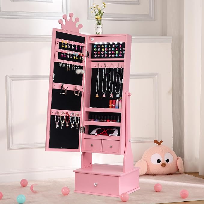 Kids Jewelry Cabinet with Full-Length Mirror, Freestand Mirror with Storage Drawers, Kids Vanity Dress Up Mirror with Jewelry Organizer, 46" Jewelry Armoire for Kids Bithday, Girls Xmas Gifts(Pink)