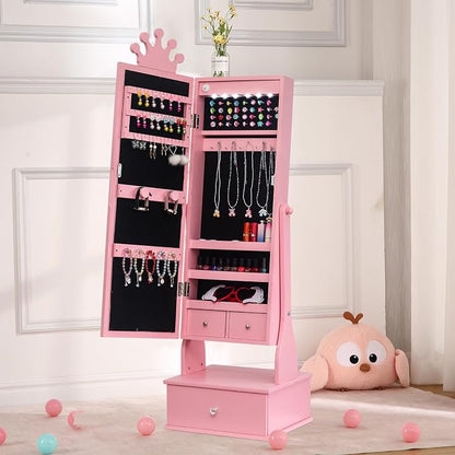 Kids Jewelry Cabinet with Full-Length Mirror, Freestand Mirror with Storage Drawers, Kids Vanity Dress Up Mirror with Jewelry Organizer, 46" Jewelry Armoire for Kids Bithday, Girls Xmas Gifts(Pink)