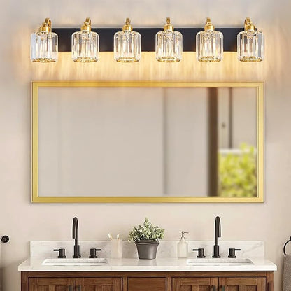 Modern Bathroom Vanity Light 6-Lights Black Gold Crystal Bathroom Wall Light Vanity Light Fixtures with Round Shade (Exclude Bulb)