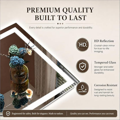 30x36 LED Lighted Bathroom Mirror for Vanity Wall | Front Light and Backlit, Anti-Fog, Memory, 3 Color, Tempered Glass, Dimmable, Rectangular, UL, Horizontal/ Vertical Mounted