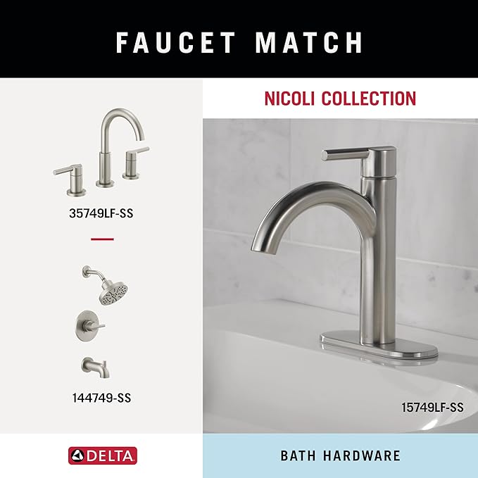 DELTA FAUCET NIC64-DN Nicoli 4-Piece Bath Hardware Set 18 to 24 in. Towel Bar, Toilet Paper Holder, Towel Ring, Towel Hook in Brushed Nickel