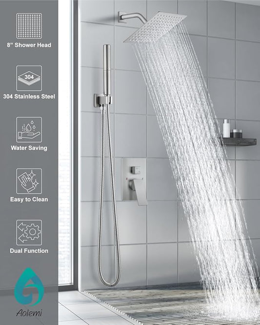 Aolemi Shower System with Rain Head and Handheld,8-Inch,Brushed Nickel | High-Pressure Shower Faucet Set with Dual-Function Handheld,Rough-In Valve,1.8 GPM,Wall-Mount Trim Kit