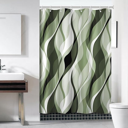 Sage Green Shower Curtain, Abstract Ombre Green and Grey Striped Shower Curtain Set for Bathroom Waterproof Polyester Shower Curtain with Hooks, 60x72 Inch