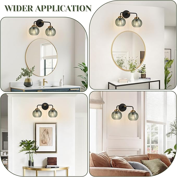 Bathroom Light Fixtures, 2-Light Green Vanity Lights with Unique Leaf Texture Glass Shade, Modern Matte Black and Gold Bathroom Wall Lamp for Mirror Hallway Cabinet Living Room