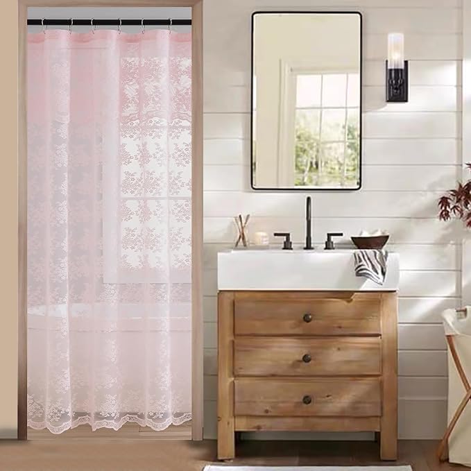 TUDECO Pink Lace 36 x 72 Shower Curtain with Attached Valance | for Narrow Bathroom, Vintage Floral, Sheer, Feminine Cute Decor, Soft Natural Light, Scalloped Edges, Reinforced Holes