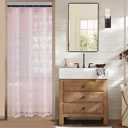 TUDECO Pink Lace 36 x 72 Shower Curtain with Attached Valance | for Narrow Bathroom, Vintage Floral, Sheer, Feminine Cute Decor, Soft Natural Light, Scalloped Edges, Reinforced Holes