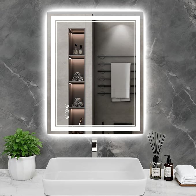 32x28 Inch LED Bathroom Mirror with Lights, 3 Colors Dimmable LED Vanity Mirror, Front and Back Lit, Anti-Fog, Memory Function, Shatterproof Tempered Glass, ETL Listed, Wall Mounted Makeup Mirror