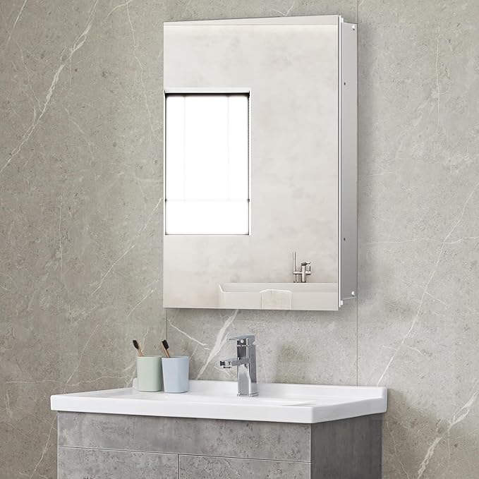 Medicine Cabinet Mirror with Storage, 16x26 inch Aluminum Bathroom Cabinet, Assembly Needed, Surface Mount or Recessed Wall Cabinet with Adjustable Glass Shelves for Bathroom Bedroom