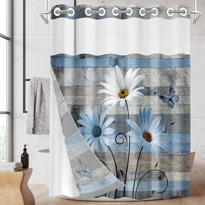 No Hook Shower Curtain with Snap in Liner 71x86 Inch Floral Blue | Farmhouse Rustic Butterfly Modern Double Layers Waterproof Fabric with See Through Top Window Open Grommet Bath Curtain