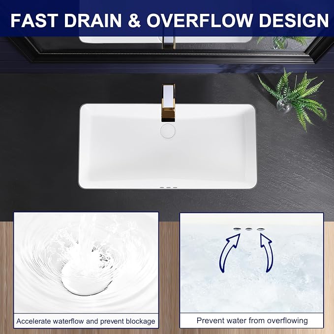 Undermount Bathroom Sink 32x17 Inch Small Bathroom Sink White Porcelain Ceramic Bathroom Under Counter Lavatory Vanity Sink Basin Rectangular Undermount Sinks with Overflow