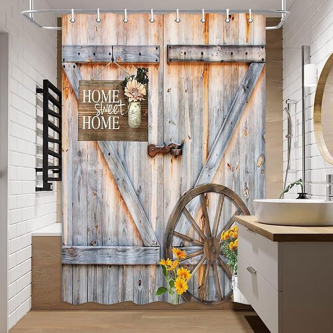 Rustic Barn Door Shower Curtain for Bathroom, Western Farmhouse Yellow Daisy Floral Bath Curtain Sets, Fabric Countryside Wooden Cabin Decor Curtains with Hooks, 54X70IN