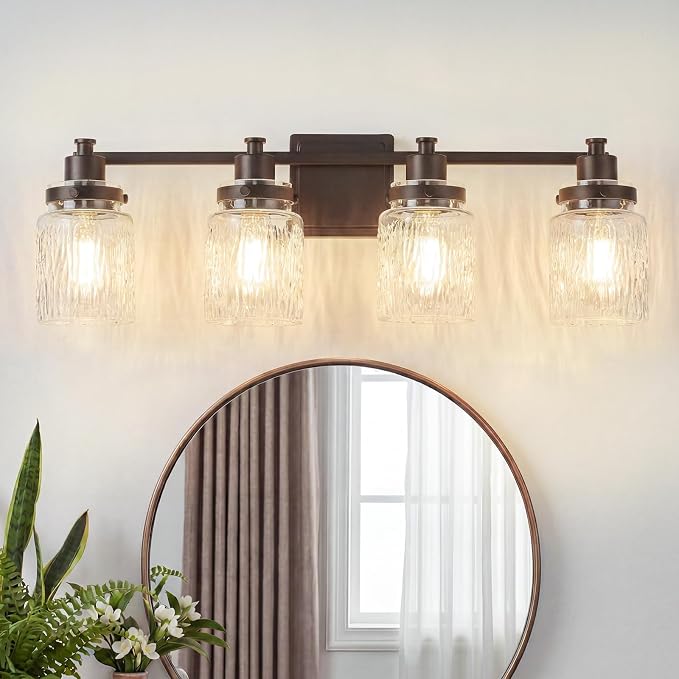 4 Light Bathroom Vanity Light Fixtures Farmhouse Oil Rubbed Bronze | ETL Certificate, Easy to Install,Wall Mount Up or Down,Hammered Glass Lampshade,E26 Socket,Hardwired,120V