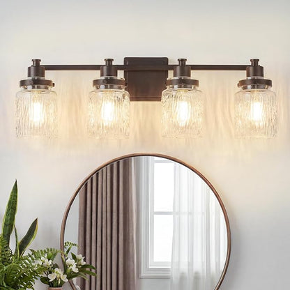 4 Light Bathroom Vanity Light Fixtures Farmhouse Oil Rubbed Bronze | ETL Certificate, Easy to Install,Wall Mount Up or Down,Hammered Glass Lampshade,E26 Socket,Hardwired,120V