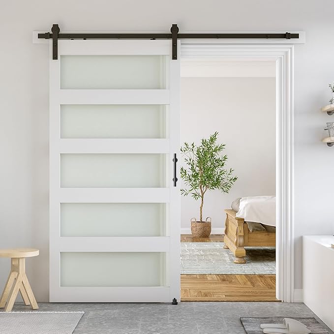 SMARTSTANDARD 40 x 84 in Glass Barn Door with 7FT Sliding Hardware Kit | Pre-Drilled Ready to Assemble, Waterproof PVC Coating, White, 5-Panel Glass