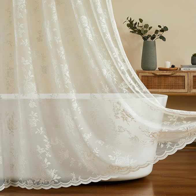 Ivory Lace Shower Curtain for Bathroom Romantic Floral Shower Curtain with Attached Valance Romantic Cream Luxury Lace, Vintage Shabby Chic Bath Curtains for Master Bath Apartment Women, 1 Panel 72x72