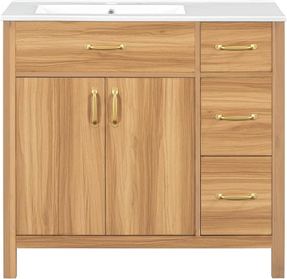Favfurish 36" Bathroom Vanity,Free Standing Single Basin Vanity Combo with Sink,3 Soft Close Drawers & 2 Soft Close Doors,Solid Wood Frame Storage Cabinet w/Ceramic Basin,for Small Space,Natural