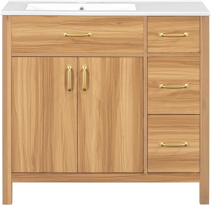 Favfurish 36" Bathroom Vanity,Free Standing Single Basin Vanity Combo with Sink,3 Soft Close Drawers & 2 Soft Close Doors,Solid Wood Frame Storage Cabinet w/Ceramic Basin,for Small Space,Natural