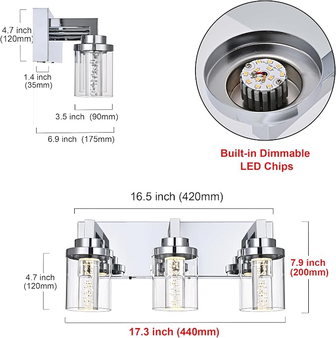 MELUCEE Modern LED Bathroom Vanity Light Bar Chrome, 5CCT Adjustable | Bubble Crystal Vanity Lights Over Mirror 3 Light Bath Wall Light Fixture with Clear Glass Shade, Built-In LED Chips