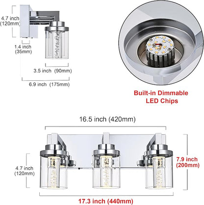 MELUCEE Modern LED Bathroom Vanity Light Bar Chrome, 5CCT Adjustable | Bubble Crystal Vanity Lights Over Mirror 3 Light Bath Wall Light Fixture with Clear Glass Shade, Built-In LED Chips