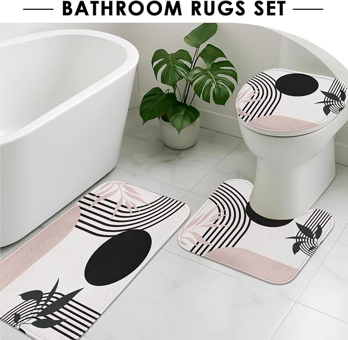 Bathroom Sets with Shower Curtain and Rugs, 4 Pcs, Mid Boho | Century Abstract Modern Minimalist Bathroom Decor Set with Toilet Lid Cover, Non-Slip Bath Mats and Accessories 12 Hooks