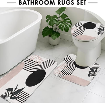 Bathroom Sets with Shower Curtain and Rugs, 4 Pcs, Mid Boho | Century Abstract Modern Minimalist Bathroom Decor Set with Toilet Lid Cover, Non-Slip Bath Mats and Accessories 12 Hooks