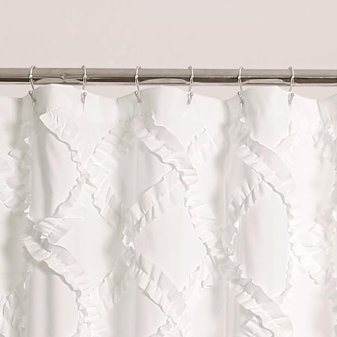 Lush Decor Ruffle Diamond Shower Curtain 72"L x 72"L White - Fabric Shower Curtains for Bathroom - White Bathroom Curtain - Vintage Farmhouse Decor